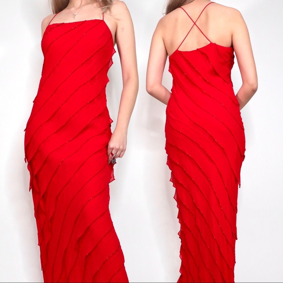 90s BEADED RED PROM DRESS - Picture 2 of 4